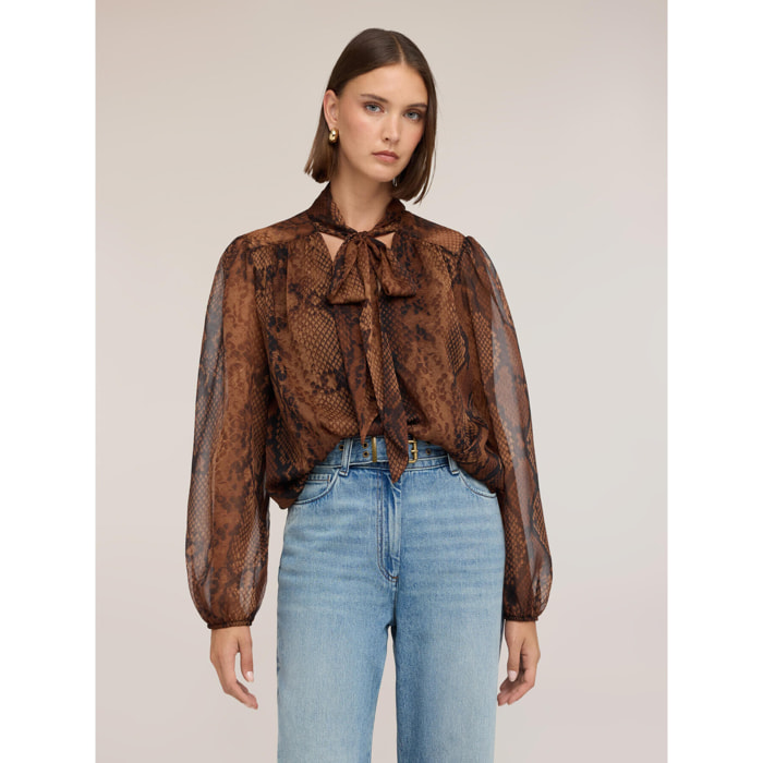 Motivi - Blusa con fiocco in georgette fantasia animalier - Marrone