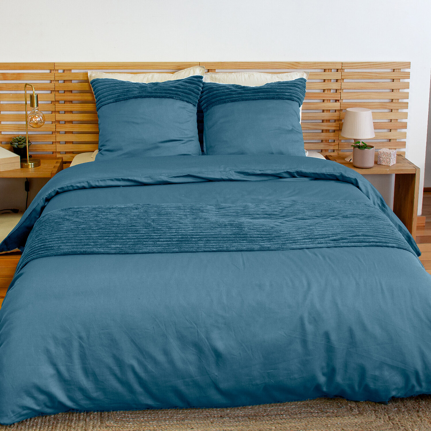Parure housse de couette 3pcs 100% microfibre unie - bleu paon