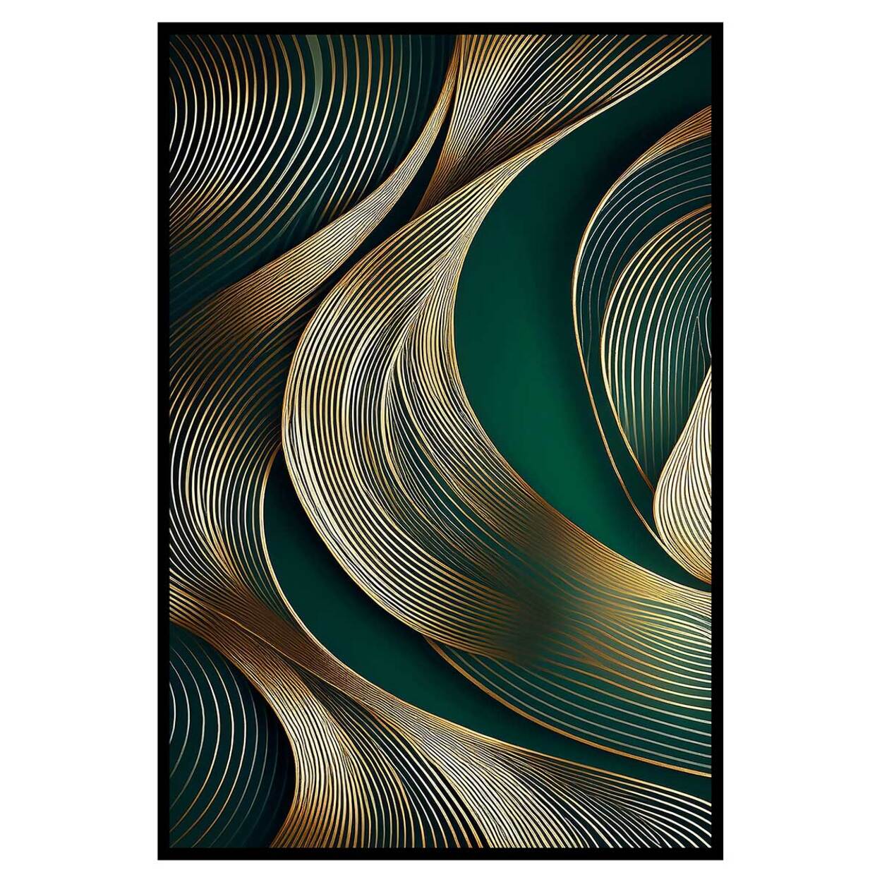 Affiche encadrée abstraite lignes dorées vert profond Affiche + cadre en métal - Noir