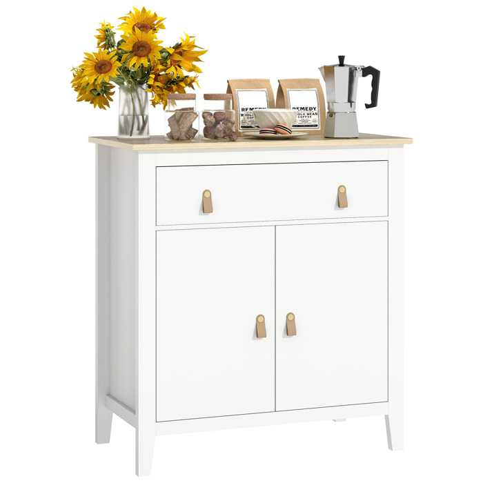 Aparador de 2 Puertas Aparador de Salón Moderno con Cajón Estante Ajustable y Tiradores de PU Mueble Auxiliar para Comedor Pasillo 80x40x90 cm Blanco y Roble