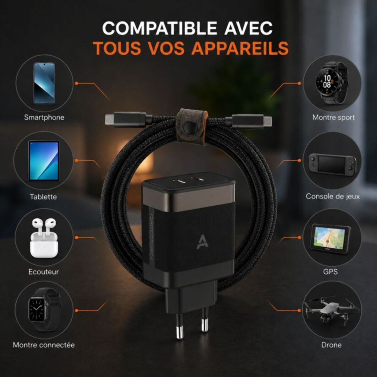 Chargeur ordinateur portable ADEQWAT 65W 2 USB-C + Cable USB-C 2M - Noir