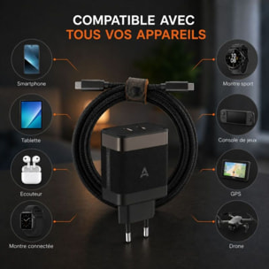 Chargeur ordinateur portable ADEQWAT 65W 2 USB-C + Cable USB-C 2M - Noir