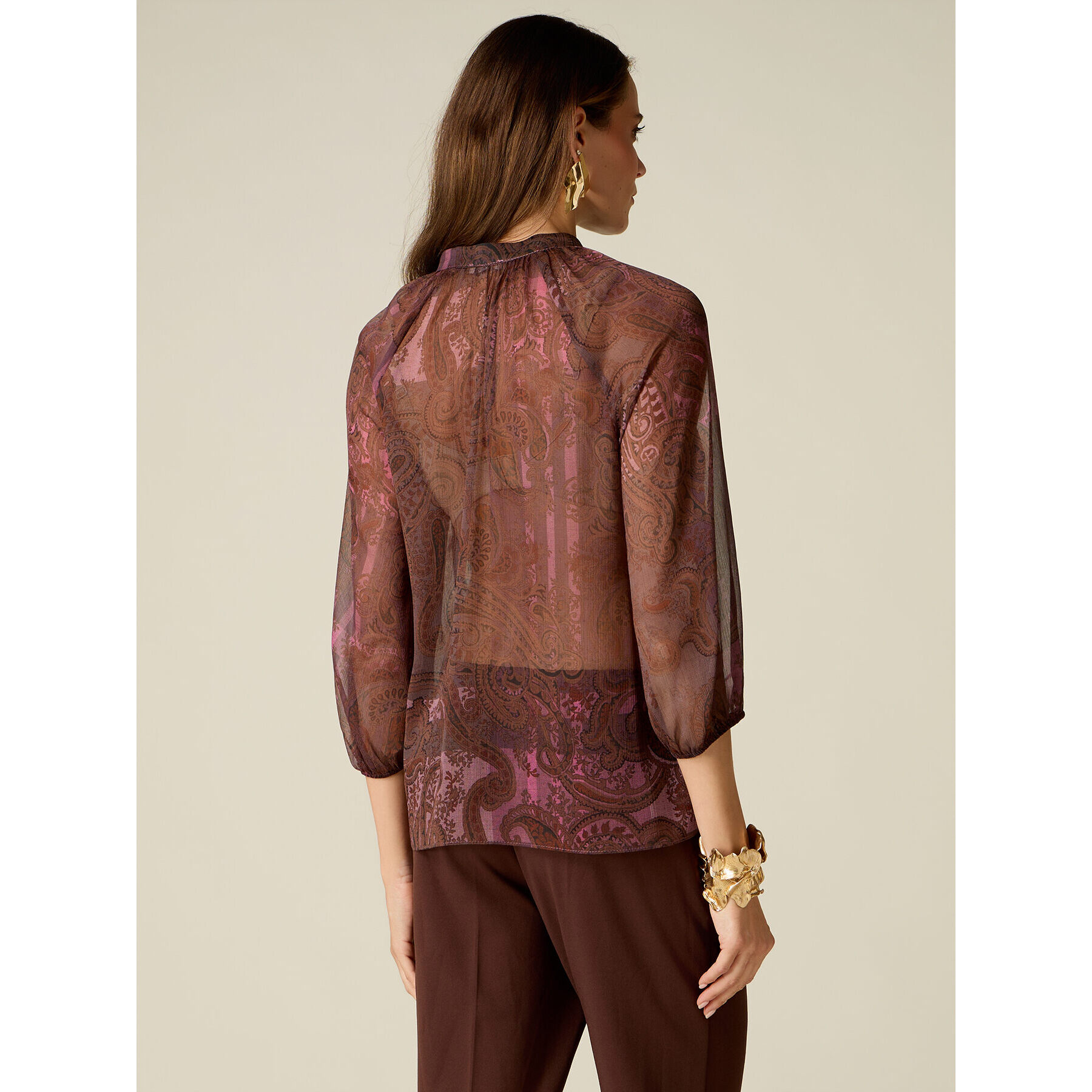 Oltre - Camicia in georgette fantasia - Marrone