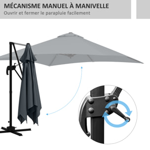 Parasol déporté carré inclinable pivotant 360° manivelle piètement acier dim. 2,95L x 2,95l x 2,66H m gris