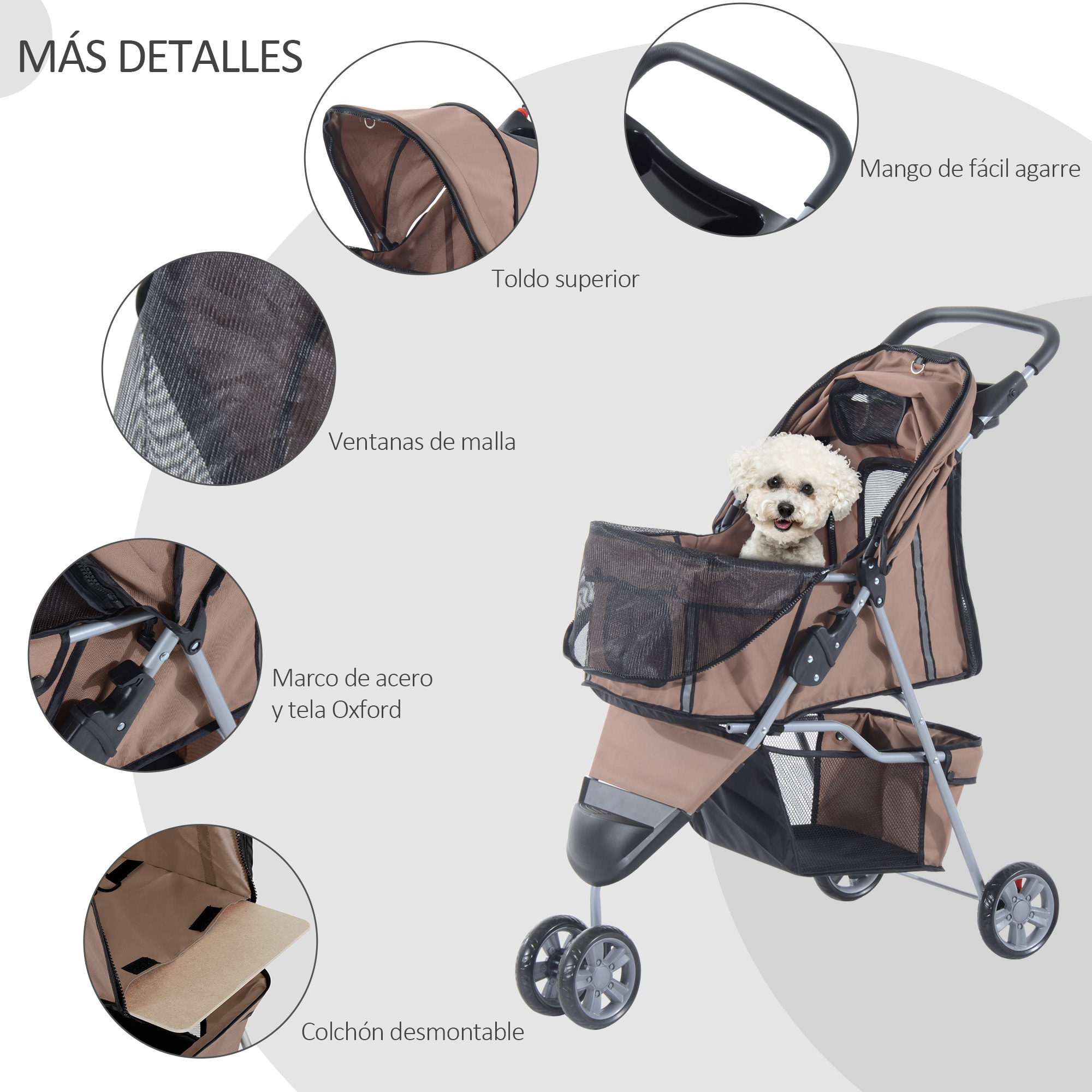 Cochecito Plegable con Ruedas 360Âº de Oxford 75x45x97cm Café