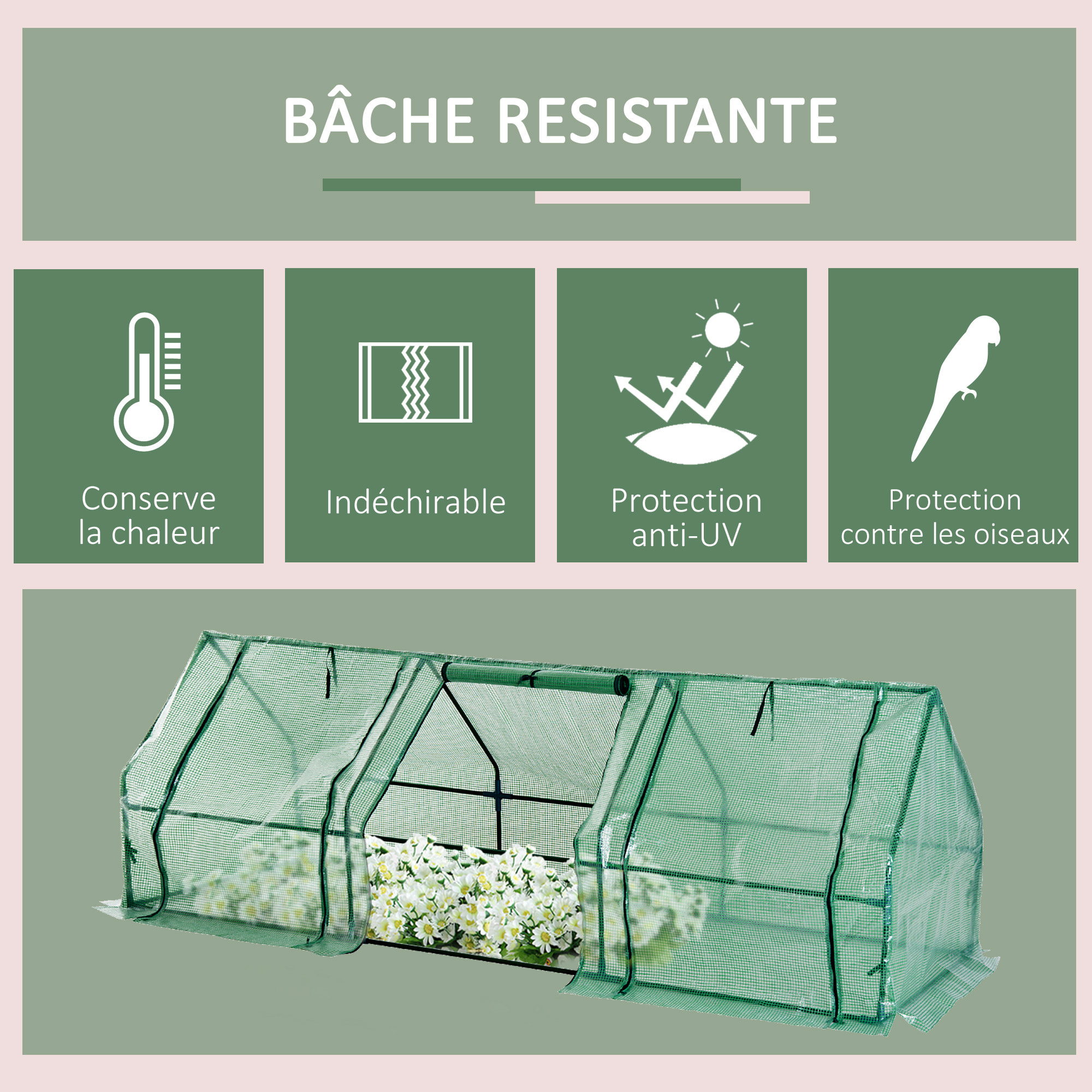 Mini serre de jardin 270L x 90l x 90H cm acier PE haute densité 140 g/m² anti-UV 3 fenêtres avec zip enroulables vert