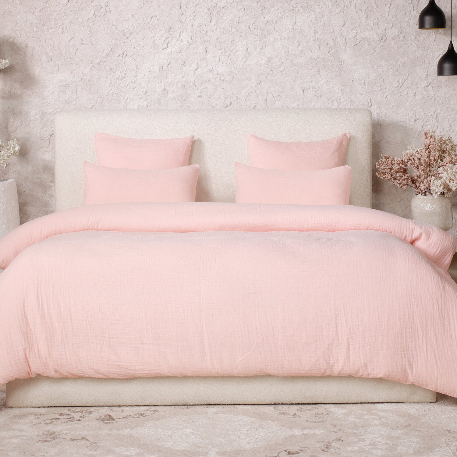 Parure housse de couette gaze de coton lavé rose lotus