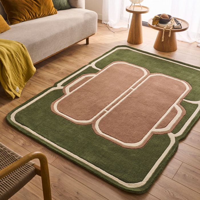 PANTONE - Tapis en laine fait main CEDRE BLANC à motif géométrique vert