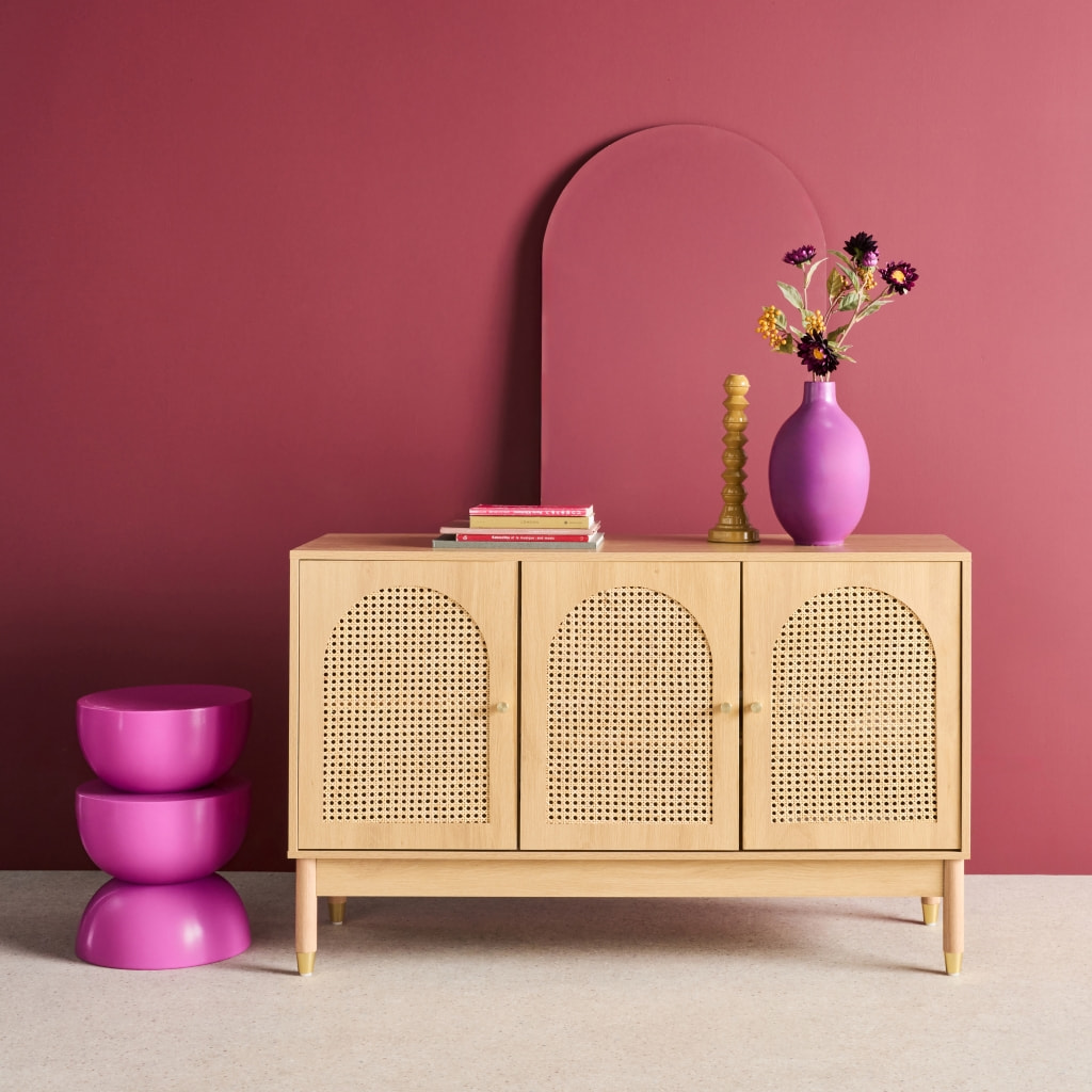 Buffet décor bois et cannage 3 portes teinte naturelle 120 x 40 x 75 cm - Judith