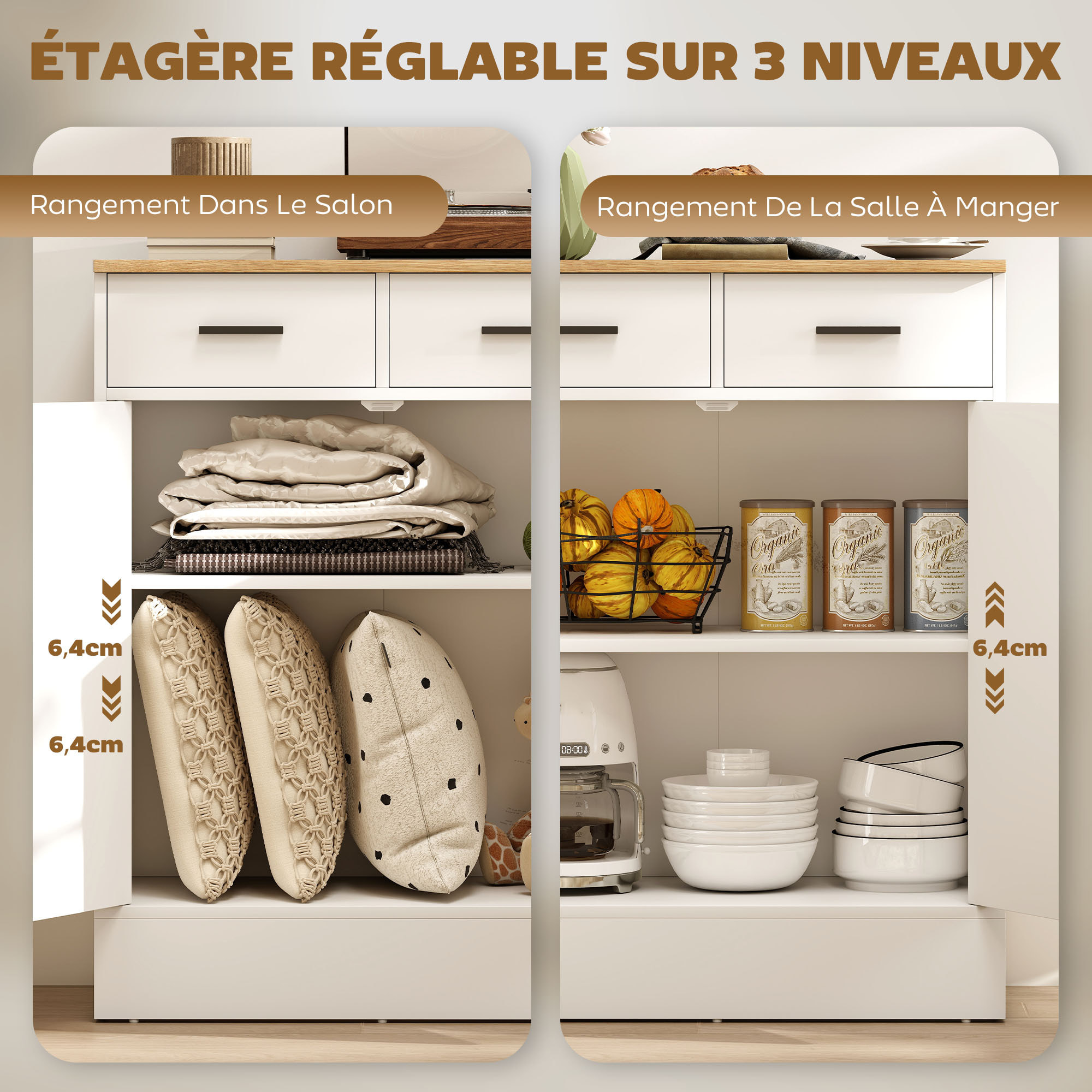 Buffet rangement cuisine 2 portes 2 tiroirs étagère - dim. 68 x 35 x 90 cm - effet bois clair blanc