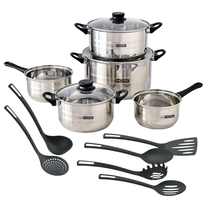 juego de batería de cocina de 8pc en acero inoxidable + 6 utensilios básicos de cocina en pbt negro