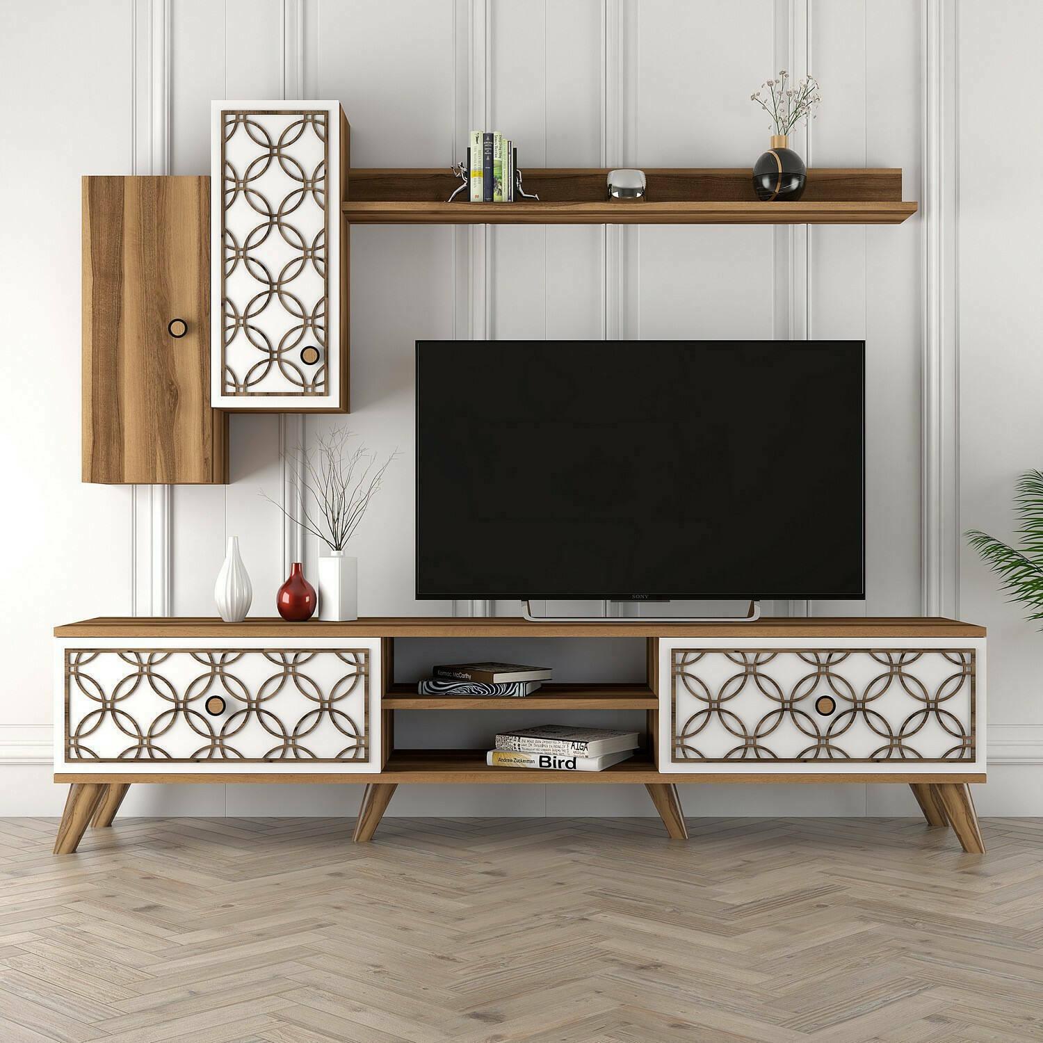 Mobile porta TV Dpinzaut, Credenza da soggiorno, Armadio basso per TV, Base parete attrezzata, 180x35h44 cm, Noce e Bianco