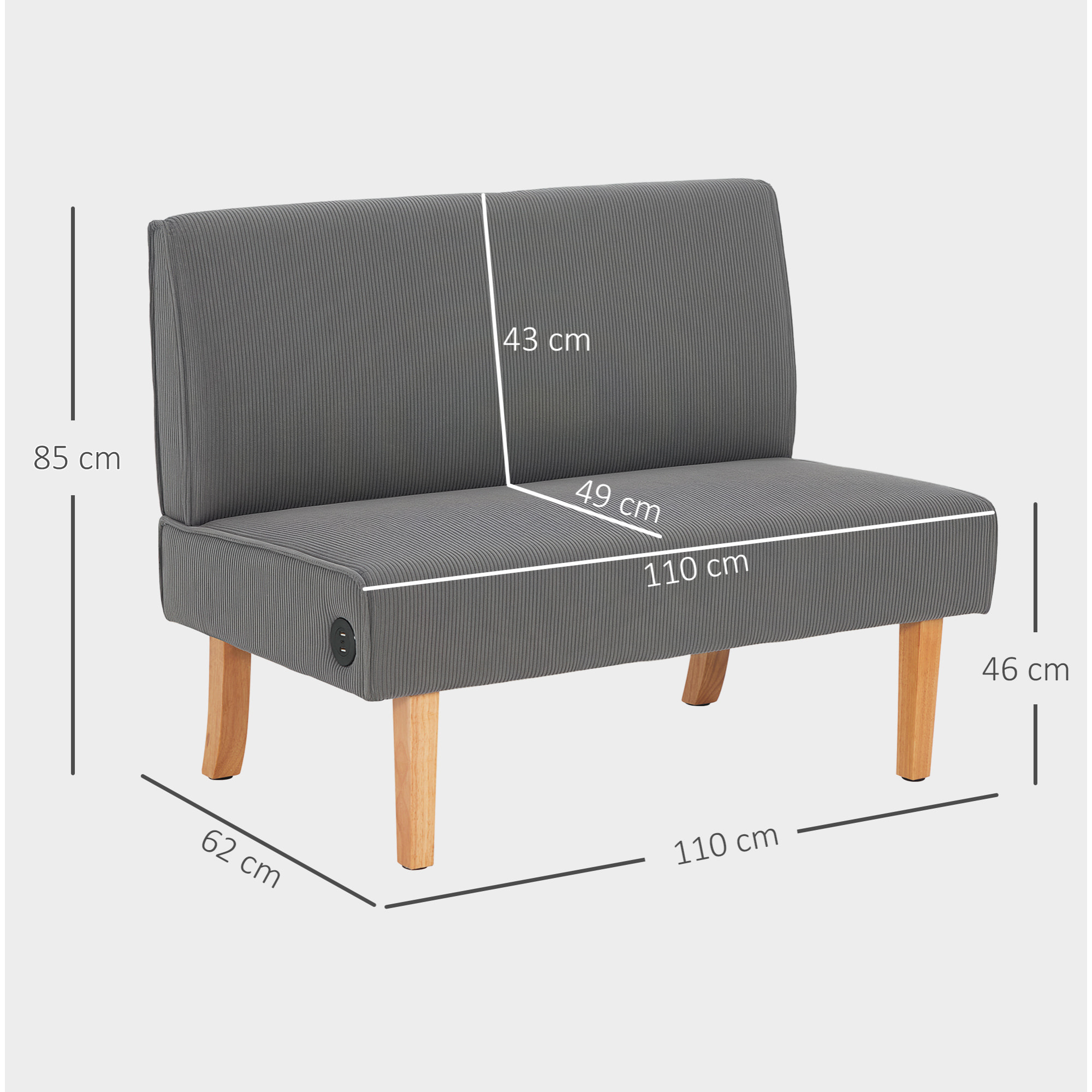 Sofá de 2 Plazas Tapizado en Pana Sofá de Salón sin Brazos con 2 Puertos USB 1 Puerto Tipo-C y Patas de Madera Sofá Pequeño Carga 220 kg 110x60x85 cm Gris