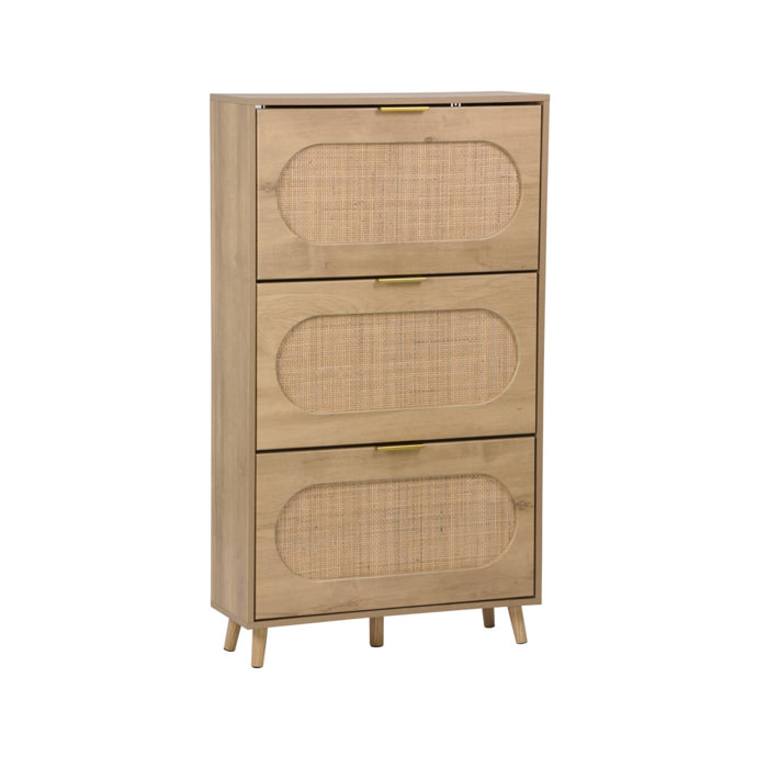 Meuble à chaussures décor bois et cannage 3 tiroirs. poignées en métal - L 75 x P 26 x H 131 cm - Eva