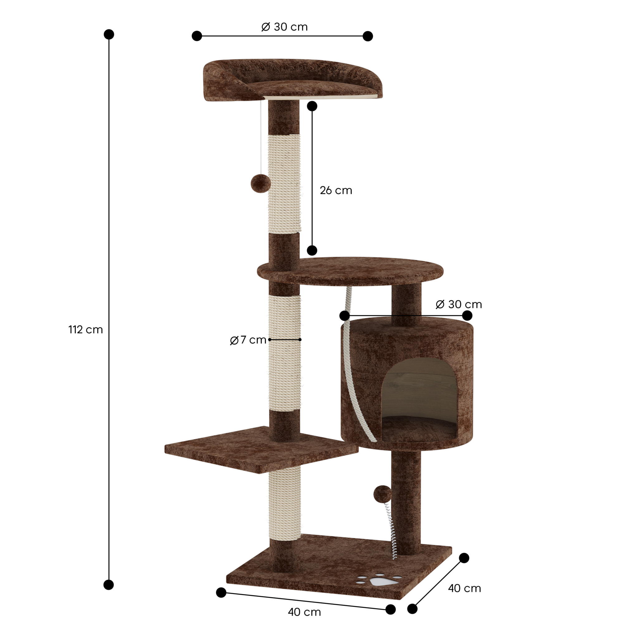 Albero per Gatto con Graffiatoio Cuccia Giocattolo Gatti Parco Giochi Tiragraffi in Sisal Naturale 112 cm Marrone