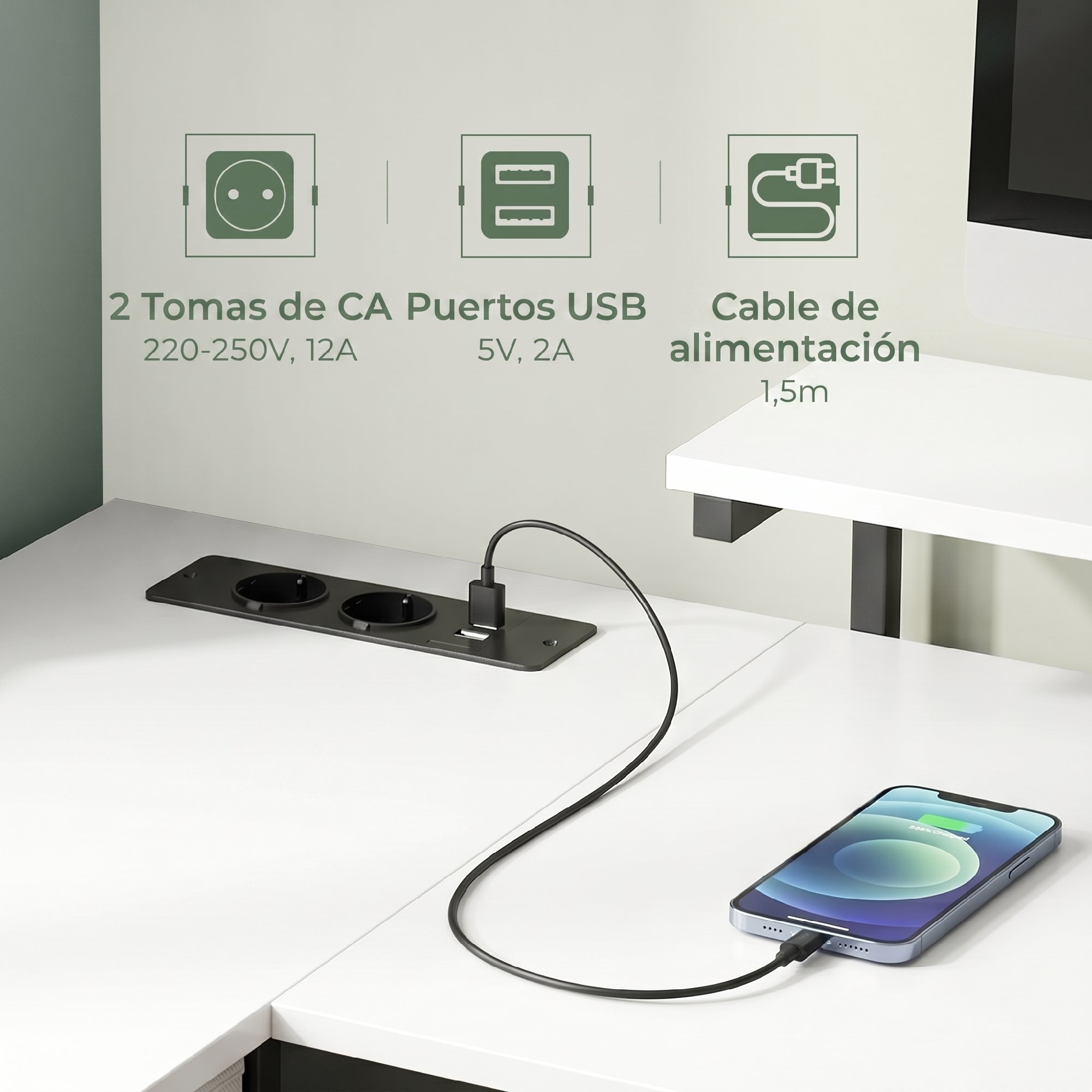 Escritorio Esquinero con 4 Cajones de Tela, 155x112 cm, Escritorio en L Reversible con 2 Enchufes y 2 Puertos USB, Soporte para Monitor, 2 Ganchos, para Oficina en Casa, Estudio, Blanco