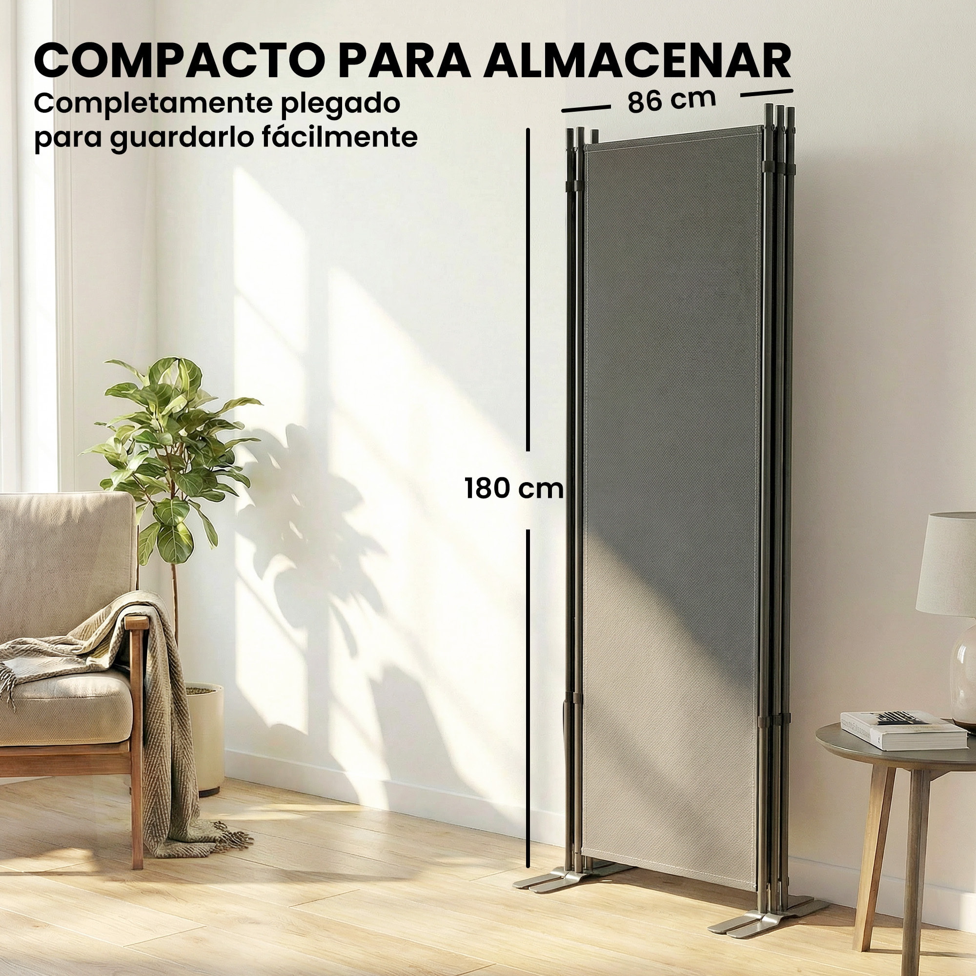 Biombo Plegable de 3 Paneles, 260x180 cm, Biombo Separador de Ambientes con Soporte de Metal, Protección UPF 30+, para Interior, Exterior, Jardín, Patio, Terraza, Gris Oscuro