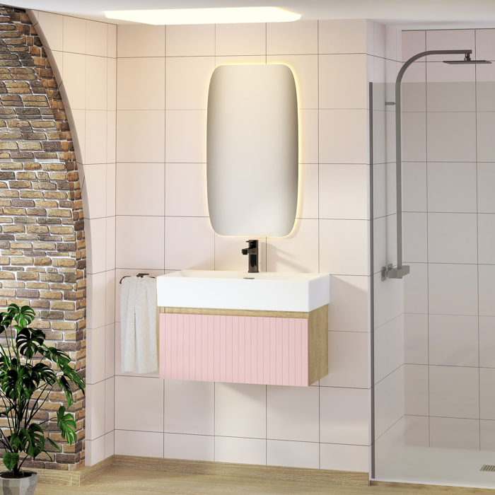 Ensemble de Salle de Bain Zel | Meuble Suspendu | 70 cm Rose | Un Tiroir | Lavabo Encastré | Miroir non inclus | Meuble Monté | Alday