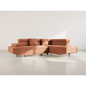 Margaux - Canapé d'angle droit 5 places convertible avec coffre et têtières réglables en velours texturé - Terracotta