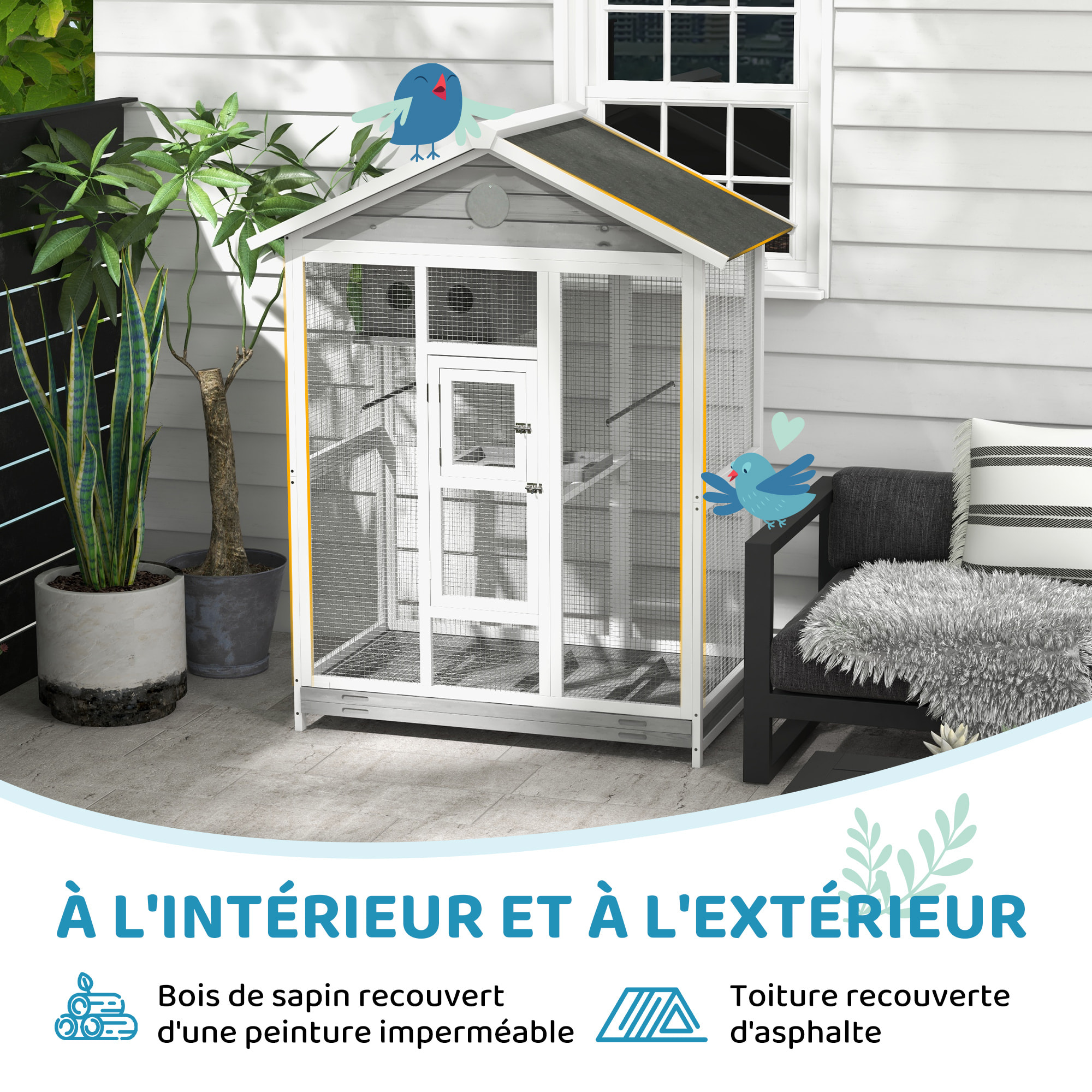 Cage oiseau grande taille - volière à oiseaux dim. 112 x 68 x 154 cm - nombreux accessoires - métal bois blanc gris noir