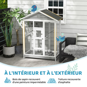 Cage oiseau grande taille - volière à oiseaux dim. 112 x 68 x 154 cm - nombreux accessoires - métal bois blanc gris noir