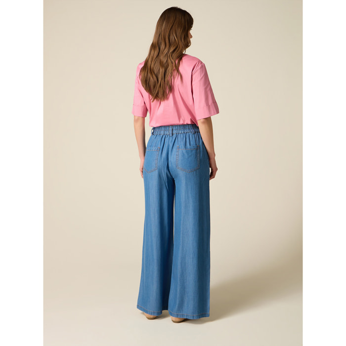 Oltre - Pantalones palazzo de tencel efecto denim - Azul