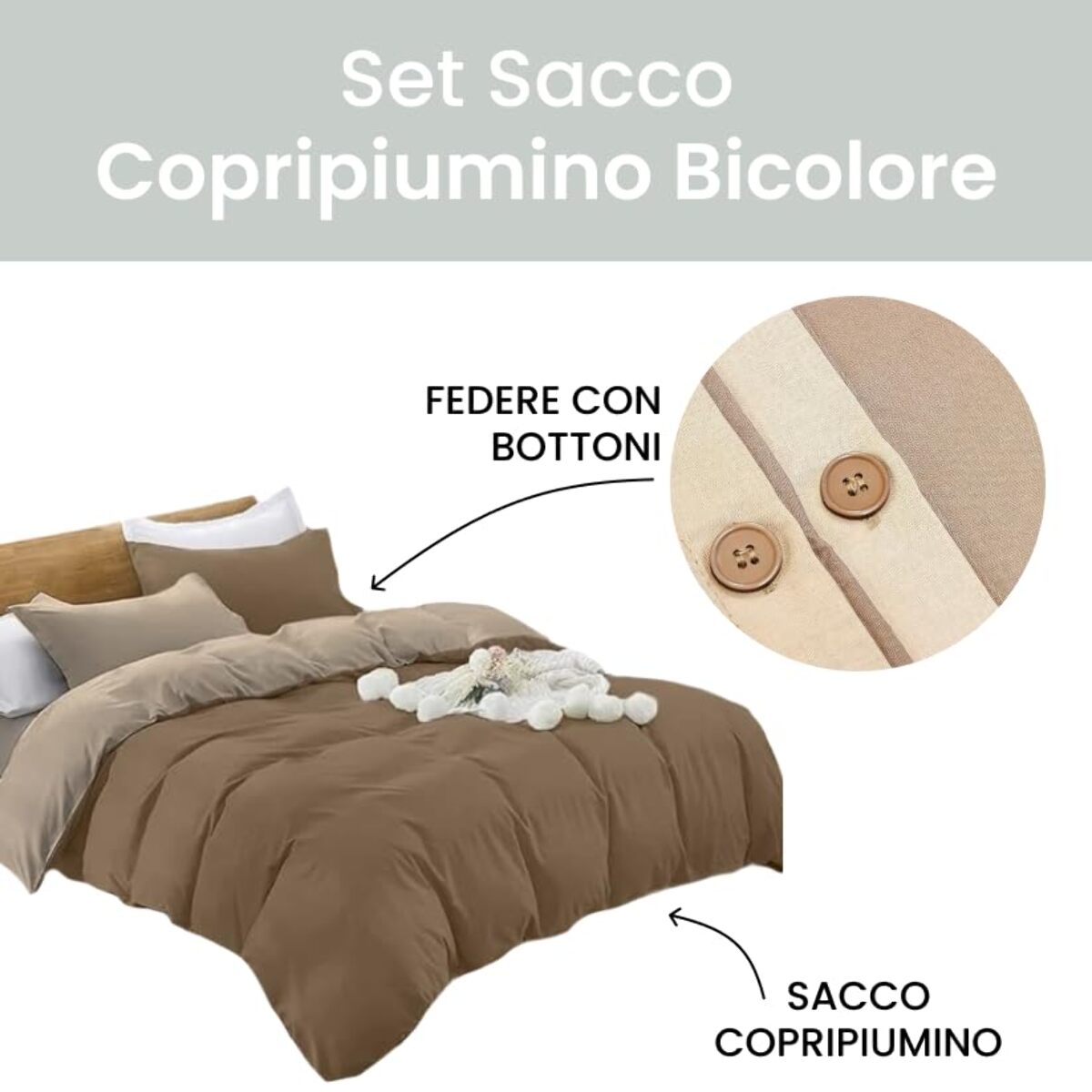 Parure Copripiumino Bicolore Singolo, Set Sacco Copripiumino in Cotone con Federe