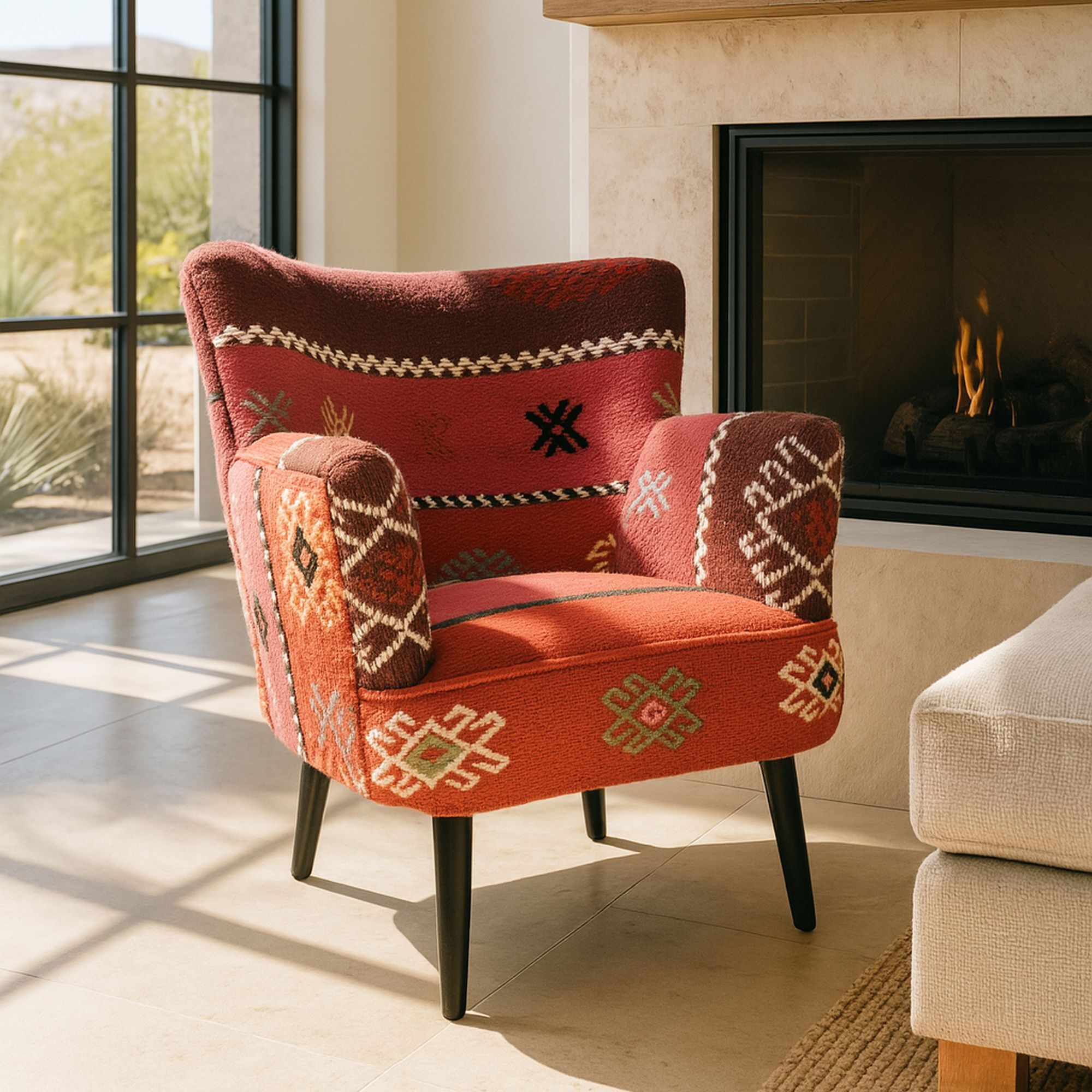 Fauteuil en kilim brodé main et pieds en bois noir CHAQUIRAS