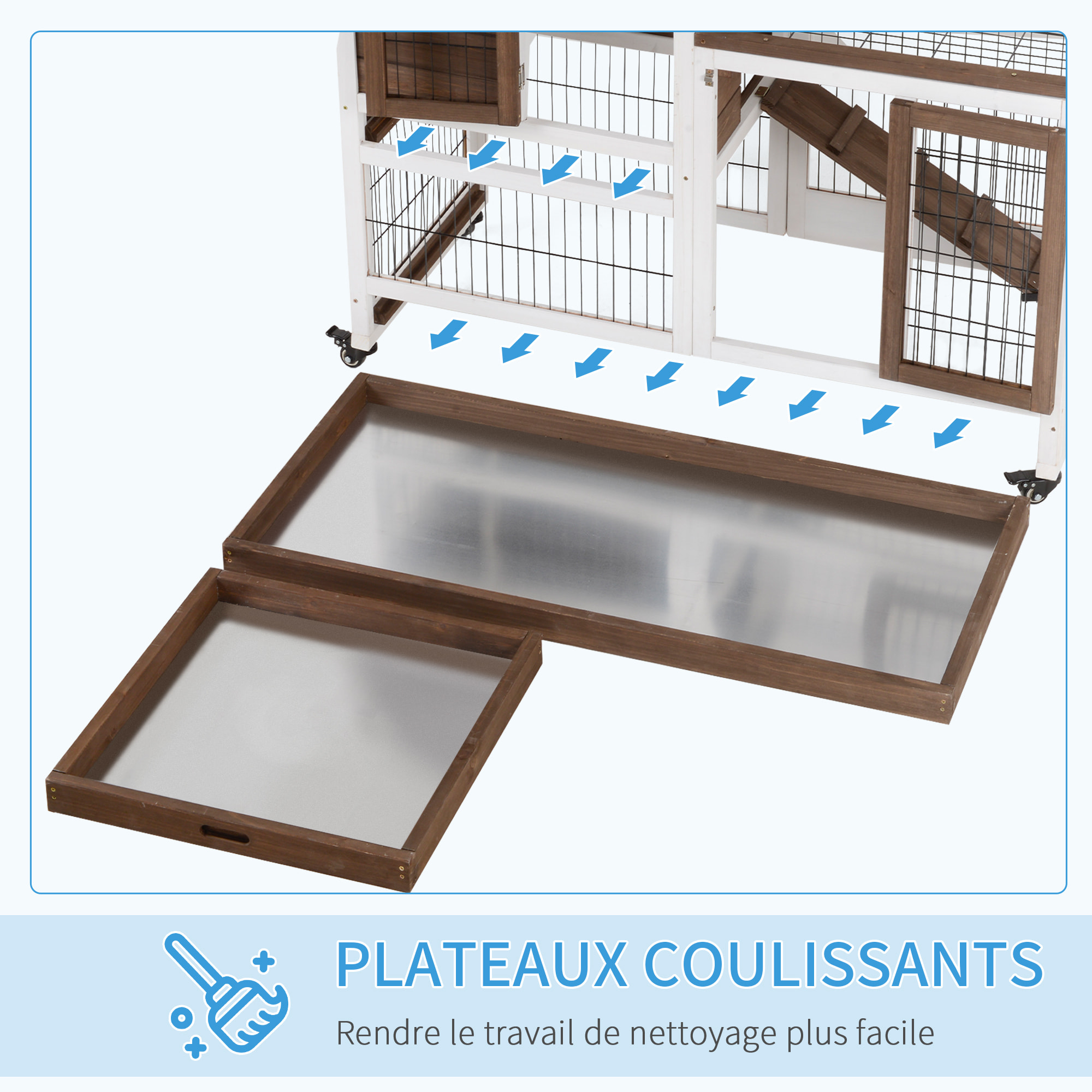 Clapier à lapin sur roulettes cage à lapin 2 étages 2 portes verrouillables 2 plateaux coulissants rampe bois de sapin marron blanc