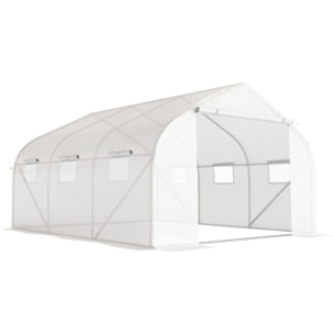 Serre tunnel de jardin dim. 4,45L x 2,99l x 2H m porte + 6 fenêtres enroulables acier galvanisé bâche PE haute densité blanc