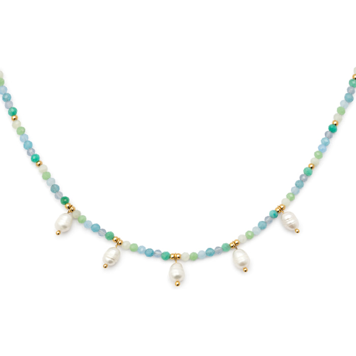 Collana Crystal Blue Pearls Acciao Placcato Oro