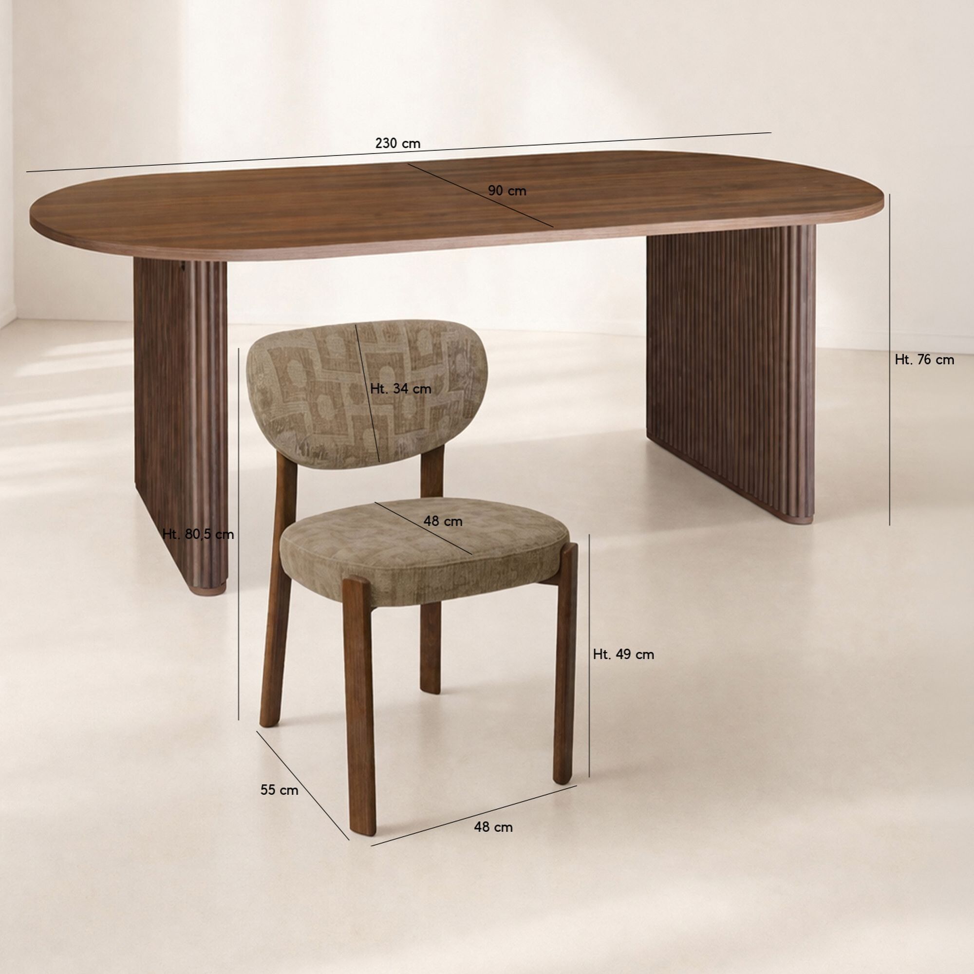 Ensemble table 230cm effet noyer et 6 chaises en tissu taupe SUZIE
