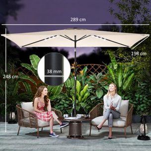 Sombrilla Terraza Exterior, 2,9x2,5 m, Sombrilla de Jardín con 24 Luces LED Solares, Dosel Inclinable, Poste Metálico, Parasol para Patio, Terraza, Crema