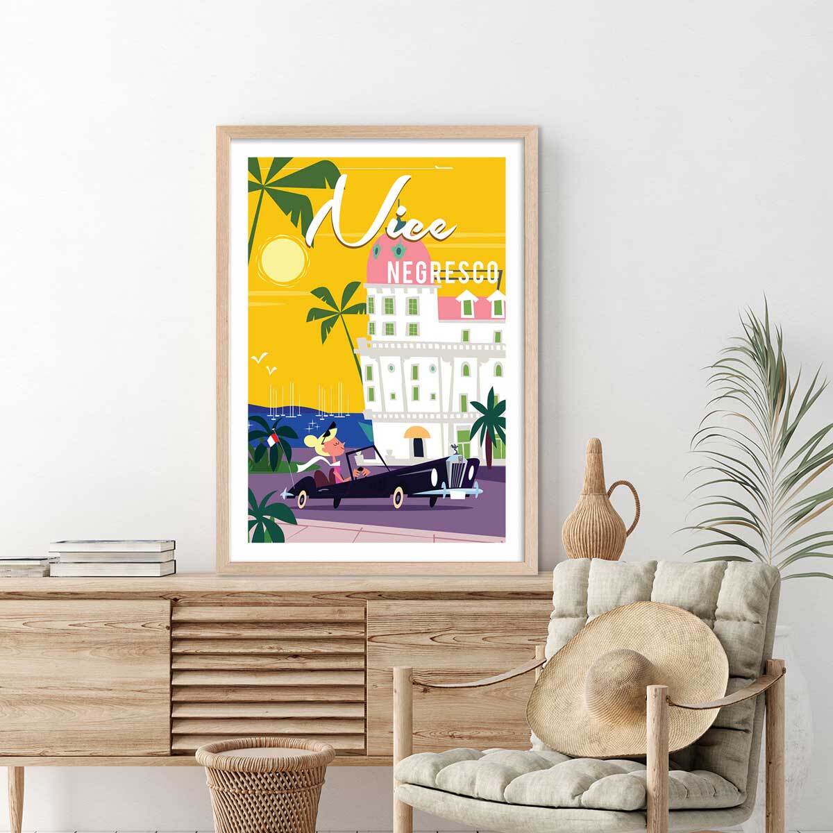 Affiche Vacances à Nice Affiche + cadre en bois - Chêne