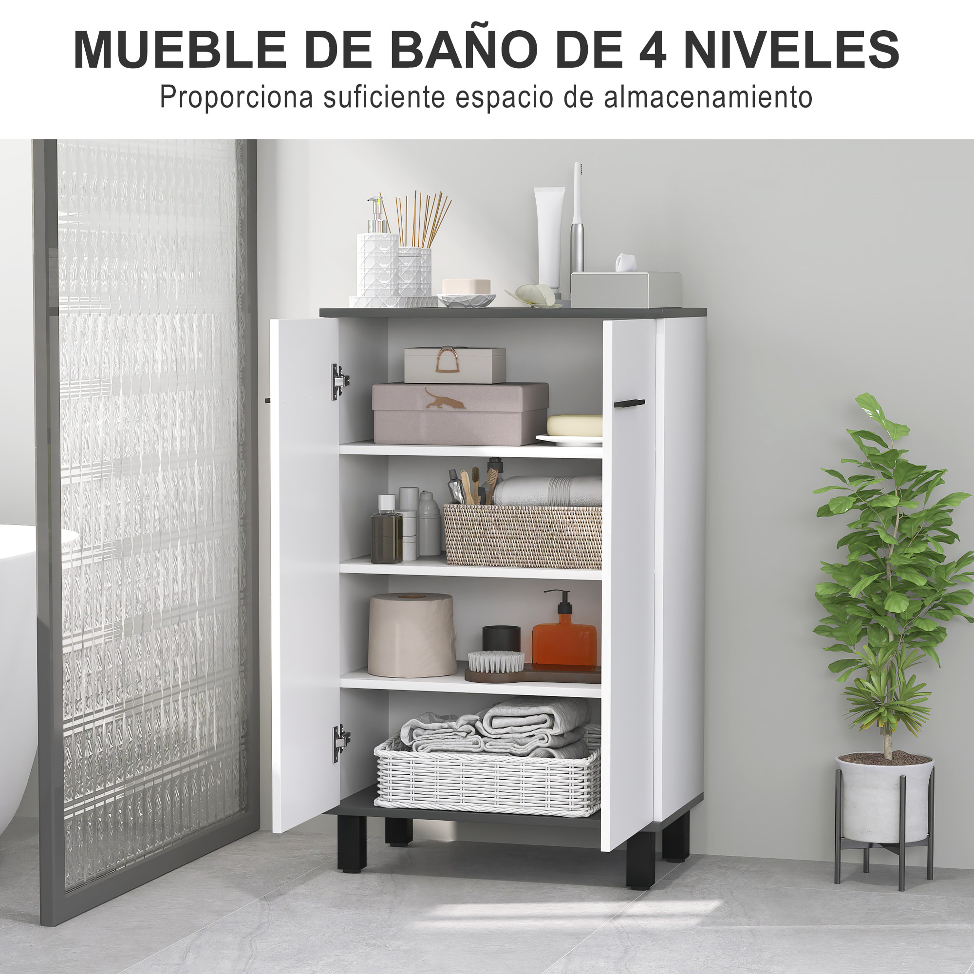 Armario de Baño Mueble Auxiliar de Baño con Puertas Estantes Ajustables y Sistema Anti-vuelco 60x34x94 cm Blanco Brillo