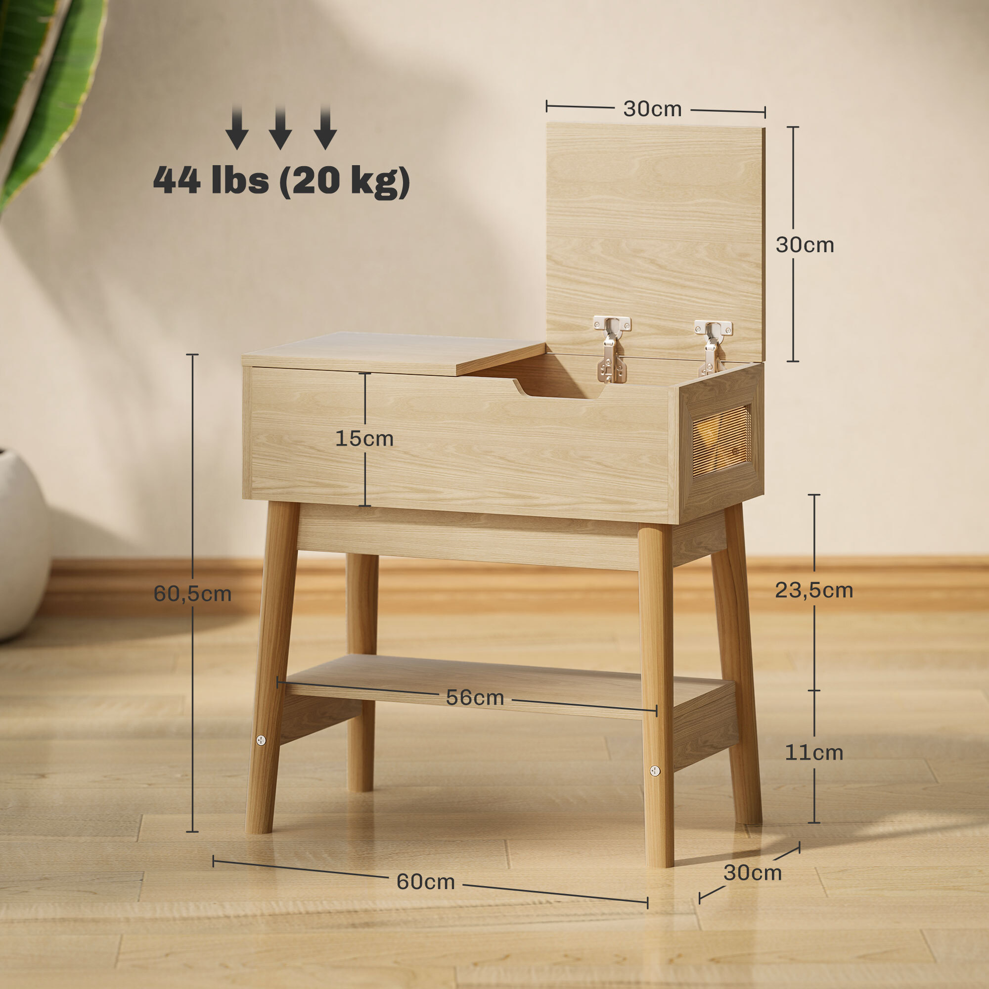 Table d'appoint bout de canapé style campagne chic - coffre, étagère - aspect chêne clair rotin