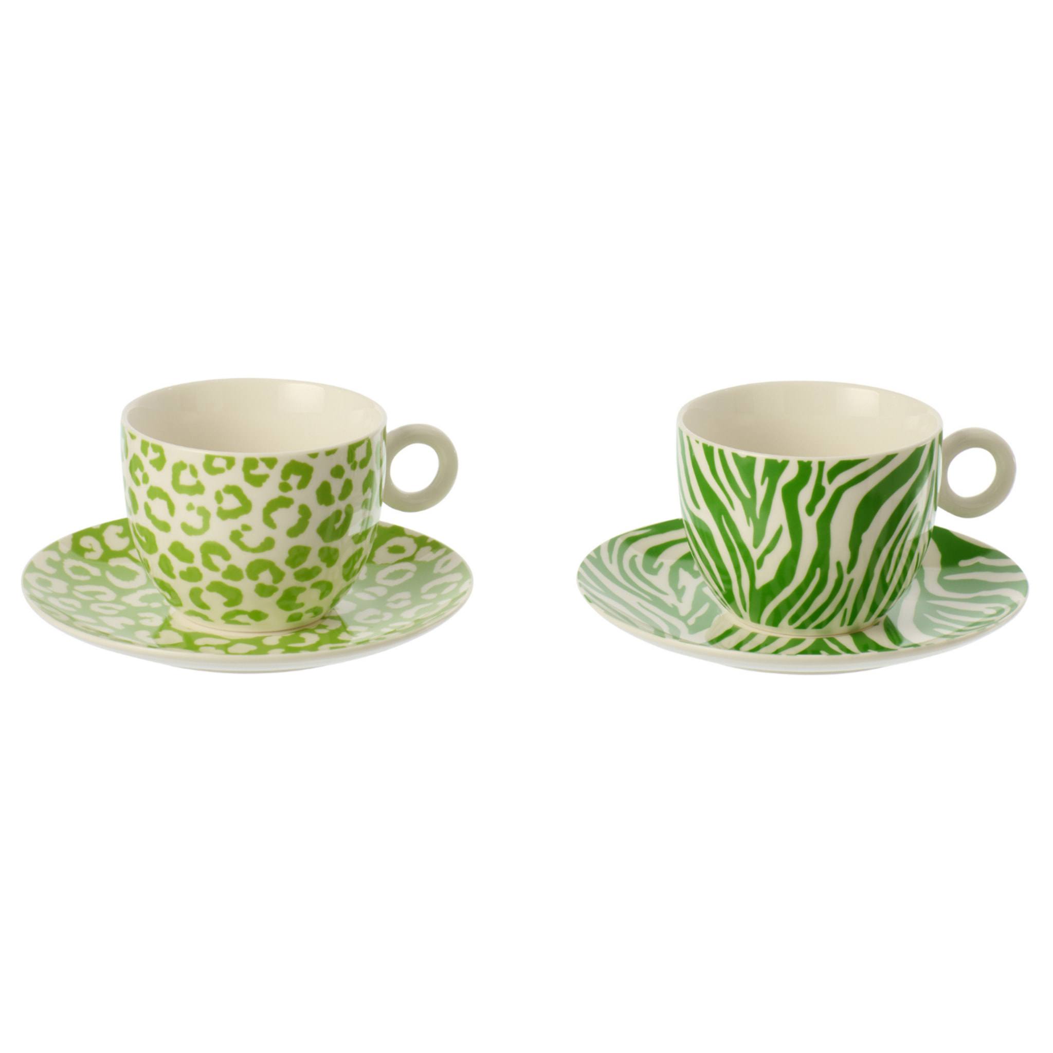 J-Line Tasse + Sous-tasse Léopard + Zèbre - porcelaine - vert/blanc - large - set de 2