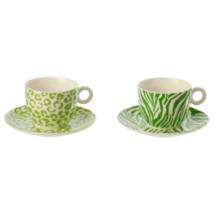 J-Line Tasse + Sous-tasse Léopard + Zèbre - porcelaine - vert/blanc - large - set de 2