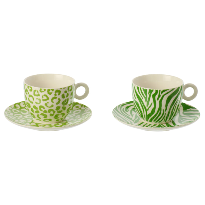 J-Line Tasse + Sous-tasse Léopard + Zèbre - porcelaine - vert/blanc - large - set de 2