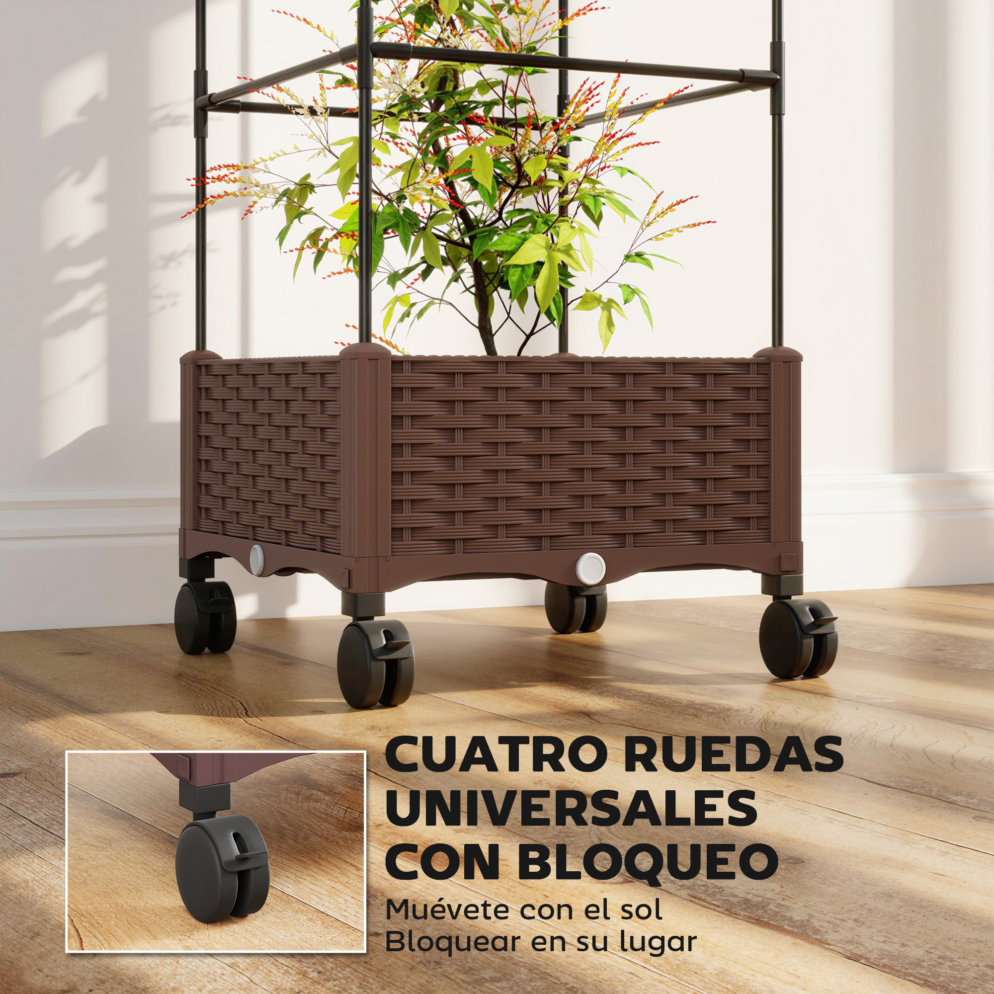 Jardinera con Enrejado Ajustable, Jardinera Exterior con Ruedas Bloqueables para Plantas Trepadoras con Ofricios de Drenaje, Macetero Elevado para Jardín, Patio, Terraza, 40x40x165 cm, Marrón