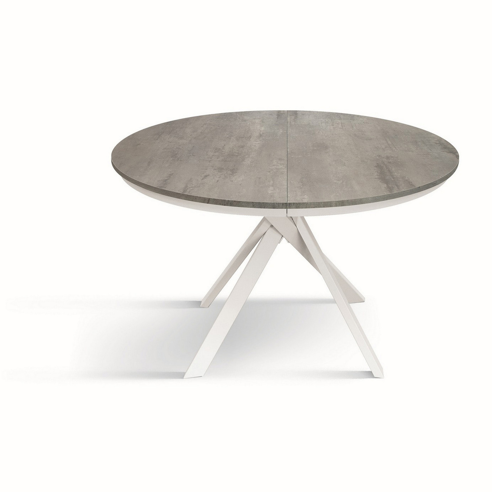 Tavolo rotondo PANTELLERIA in legno effetto grigio cemento con gambe incrociate in metallo bianco, allungabile ⌀120 cm - ⌀170 cm