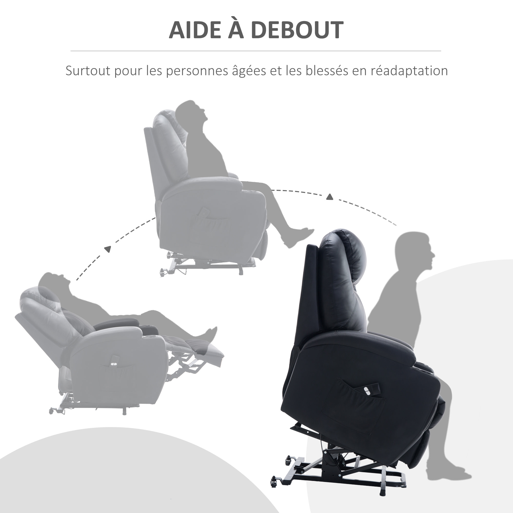 Fauteuil releveur électrique fauteuil de relaxation inclinable repose-pied relevable grand confort télécommande revêtement synthétique noir