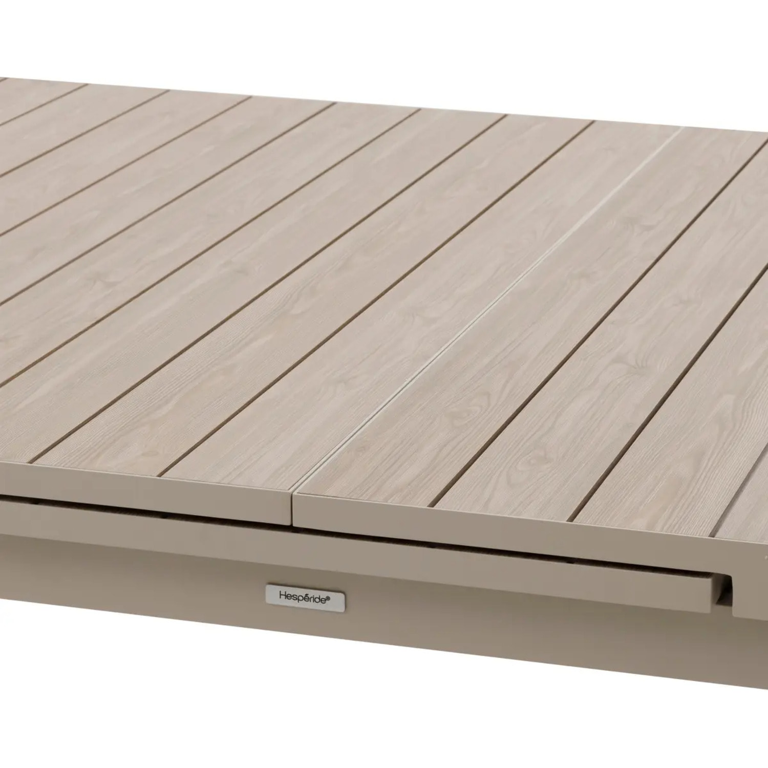 Table de jardin extensible "Évasion" effet bois lin & argile 14 places lates en aluminium