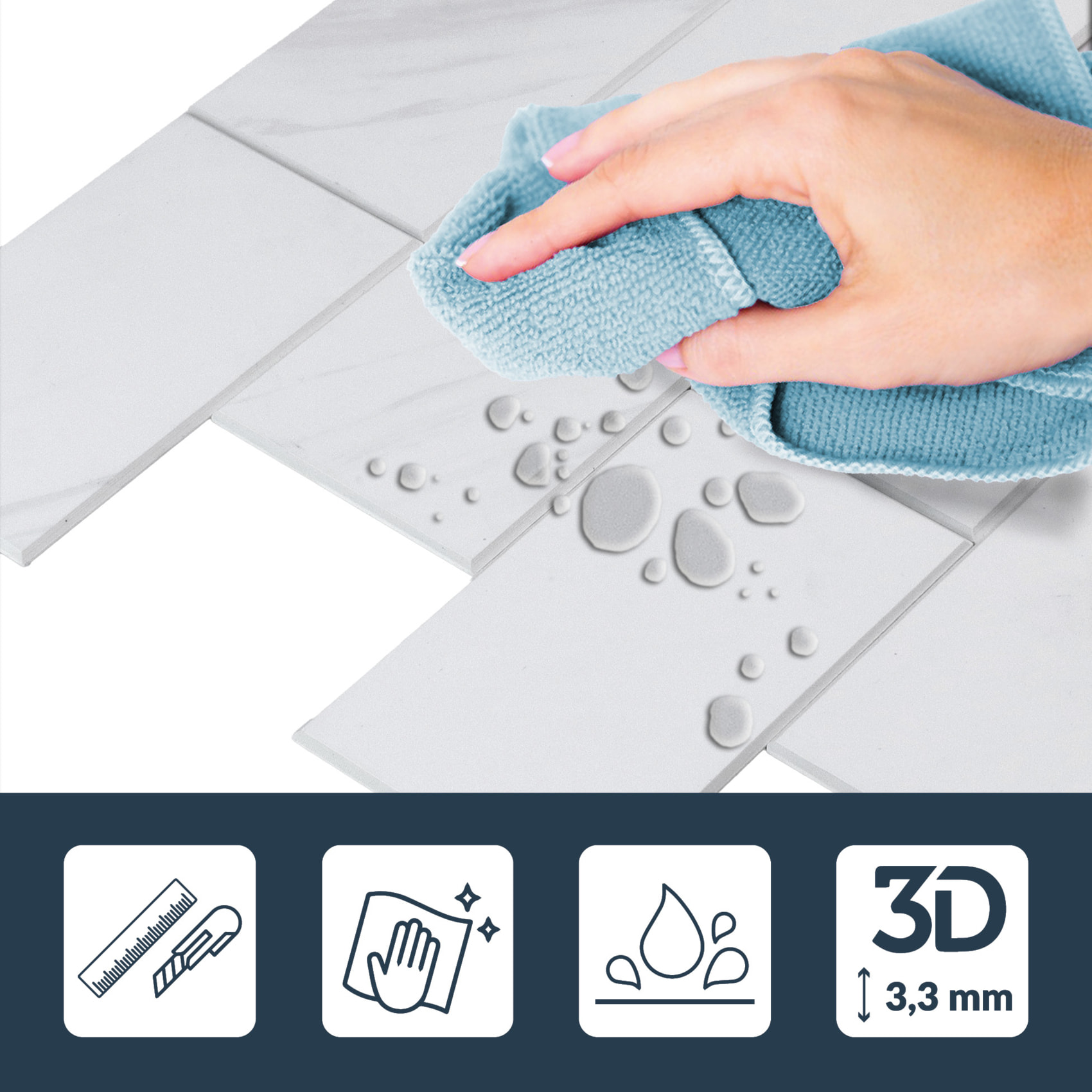 Crédence adhésive murale 3D  - Effet carrelage 4 pièces - Blanc