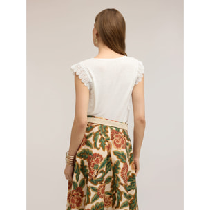 Motivi - T-shirt in misto lino con inserti in pizzo - Bianco