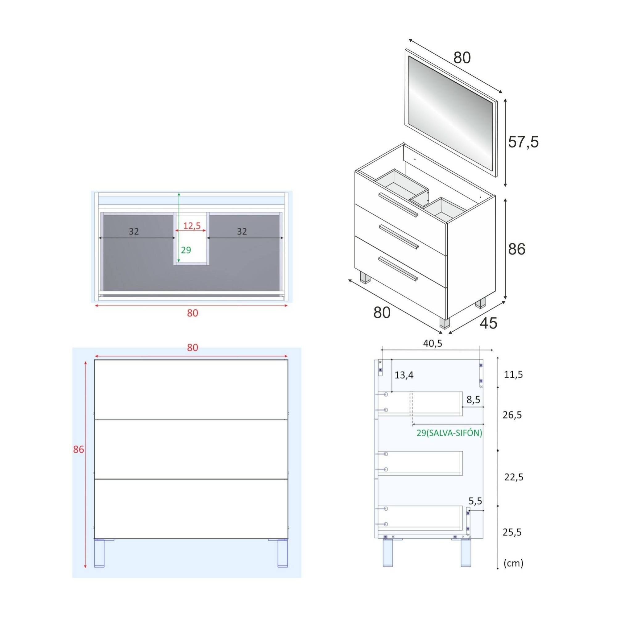 Mobile sottolavabo Palmdale, Mobiletto per bagno, Armadio a 3 cassetti e specchio, lavabo non incluso, cm 80x45h86, Rovere