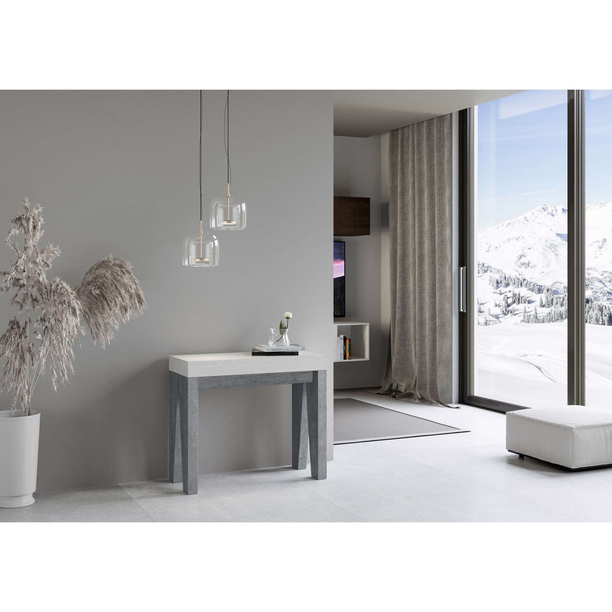 Console Naxy cm.90x42 (extensible à 300) dessus Frêne Blanc structure Ciment