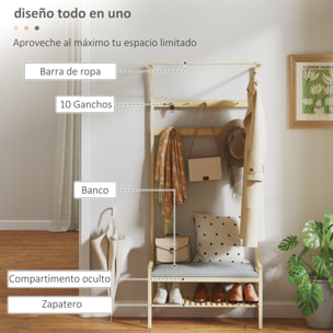 Perchero Zapatero Perchero Entrada Recibidor con 10 Ganchos Banco Zapatero Barra Superior y Compartimento para Pasillo Dormitorio 73,5x34x171 cm Natural