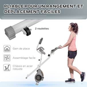 Vélo d'appartement pliable grand confort dossier selle réglable poignées ergonomiques écran LCD multifonction support tablette acier blanc gris