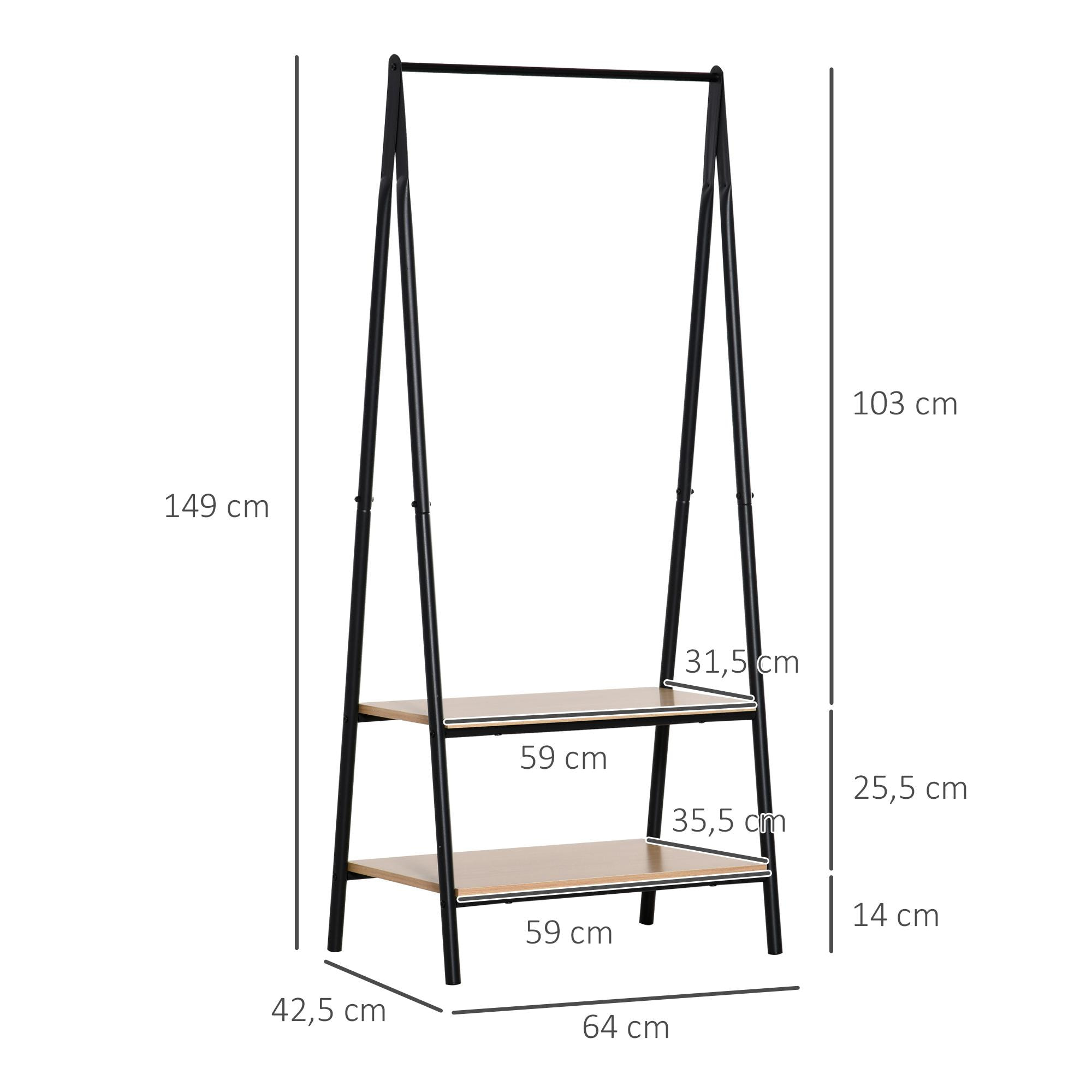 Perchero de Ropa Perchero de Pie con 2 Estantes de Almacenamiento Barra para Colgar y Marco de Acero para Entrada Pasillo Dormitorio 64x42,5x149 cm Negro